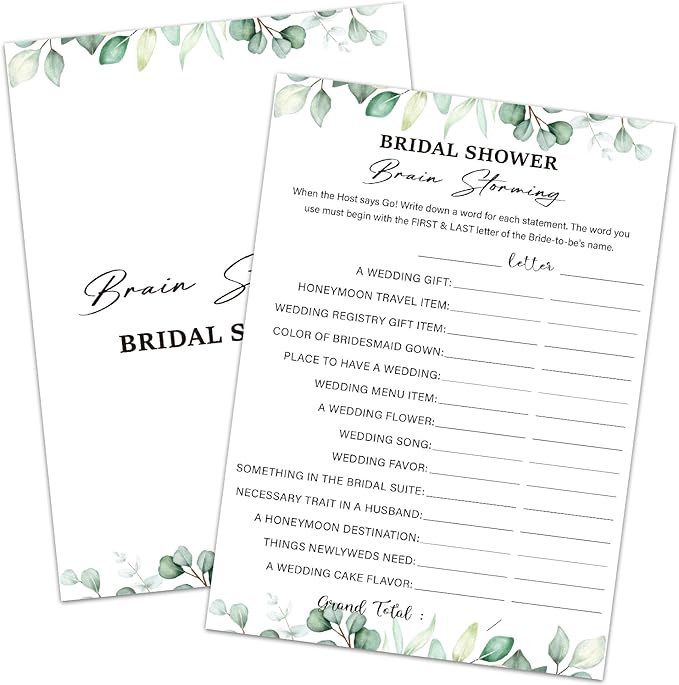 Bridal Shower Games 30 Guests for Engagement Wedding Party, Bridal Shower Brain Storming Wedding Showers Games, Game for Showers (Eucalyptus Botanical Style) -0006