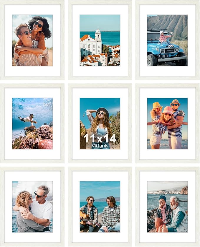 Vittanly 11x14 Picture Frames Set of 9 for Wall Mounting, Whitemist | Display Pictures 8x10 with Mat or 11x14 without Mat, Engineered Wood with Shatter Resistant Plexiglass, Gallery Photo Frames