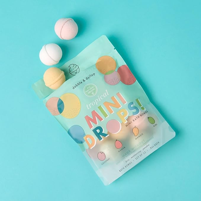 Dabble & Dollop Tropical Mini Bath Bombs & Coconut Shampoo, Body Wash and Bubble Bath for Kids - All Natural Scents, Resealable Pouch, Vegan, Gluten-Free, Cruelty-Free (Pack of 2)