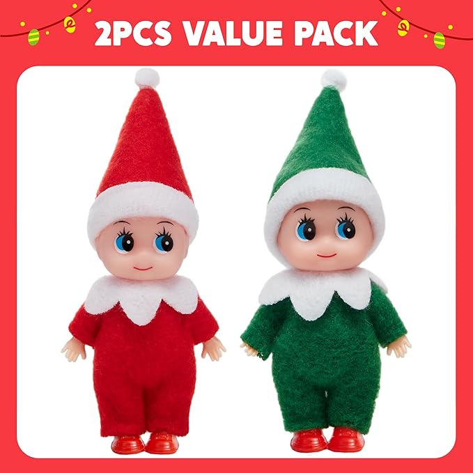 JOYIN 2PCS Christmas Elf Plush Doll, Red and Green Tiny Elf Doll with Clothes and Belt Pattern Soft Plush Accessories for Christmas Holiday Decorations, Dress-Up Party