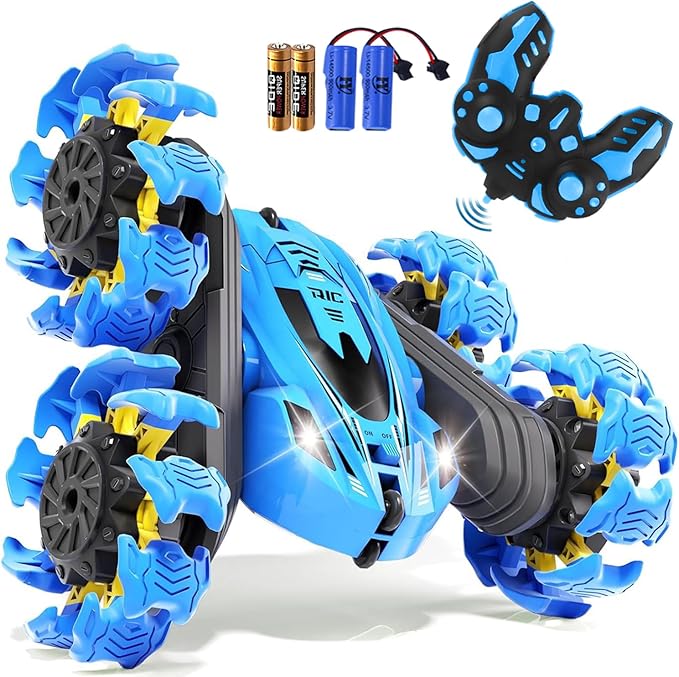 Remote Control Car, New Upgraded Double-Sided 360° Rotating RC Toy Cars with LED Headlights, 2.4GHz Rechargeable Electric Race Stunt Car with 4WD, Best Gift for 6-12 Year Old Boys and Girls (Blue)