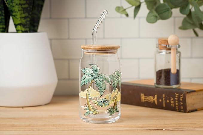 Silver Buffalo Disney Lilo and Stitch Relaxing Chilling in Hammock Island Glass Jar Tumbler with Bamboo Lid and Glass Straw, 16 Ounces (Pack of 12)