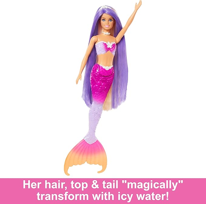 Barbie Mermaid Doll, “Malibu” with Pink Hair, Styling Accessories, Pet Dolphin and Water-Activated Color Change Feature