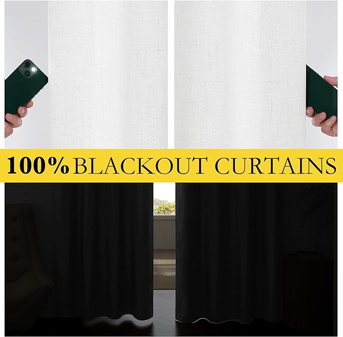 NICETOWN 100% Absolutely Blackout Linen Curtains with Thermal Insulated Liner, Greyish White, 42" Wide, 54" Length Energy Saving Curtains for Dining Room 2 Panels Set, Vertical Blinds