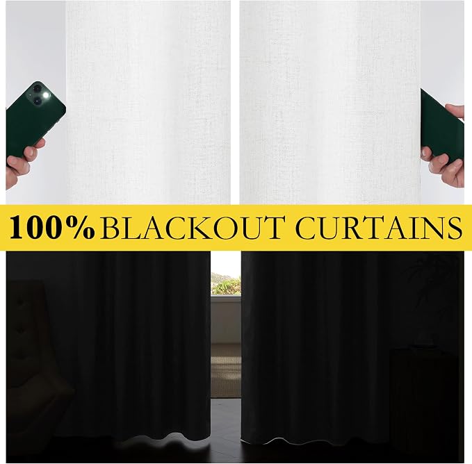 NICETOWN 100% Absolutely Blackout Linen Curtains with Thermal Insulated Liner, Greyish White, 62" Wide, 102" Length Energy Saving Curtains for Living Room 2 Panels Set, Vertical Blinds