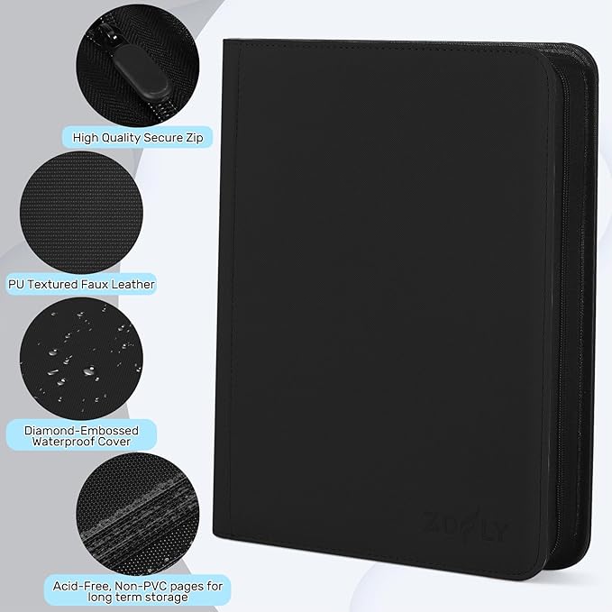 1000+ Pockets Trading Card Binder, 16 Pockets Zipper Binder Card Album, 32 Pack Double-sided Side Loading Non-Ring Card Binder, Card Holder Folders for MTG, TCG, Game Cards & Sports Cards, Black
