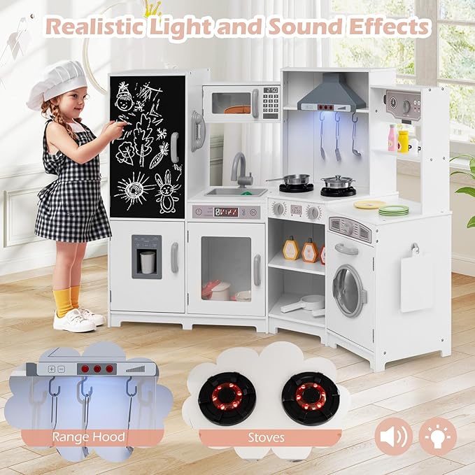 Costzon Corner Play Kitchen w/Lights, Sounds, Large Pretend Play Kitchen Set w/Blackboard, Microwave, Cooking Accessories, Wooden Montessori Sensory Toy for Kids 3+ Years Old (White)