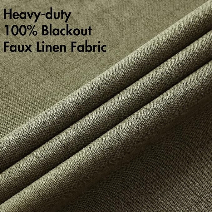 MIULEE Linen Texture Curtains for Bedroom Solid 100% Blackout Thermal Insulated Light Olive Green Curtains Grommet Room Darkening Drapes for Living Room 52x96 Inch (2 Panels)