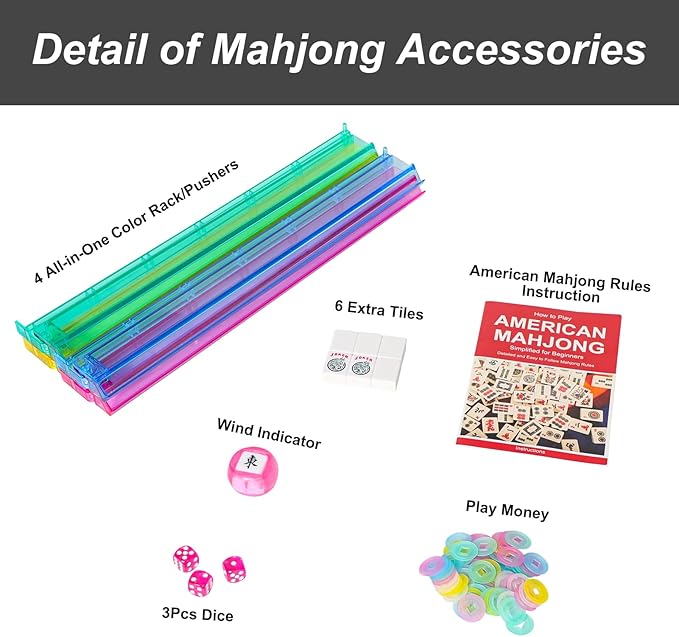 American Mahjong Game Set, 166 White Tiles, 4 All-in-One Color Rack/Pushers, Complete Mahjong Tiles Set with Pink Carrying Bag (Mahjong)