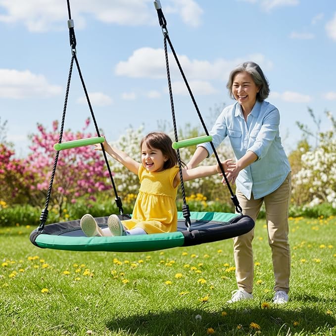 YSEJOMP 4FT Round Tree/Saucer Swing with Handles -Made of Sturdy Frame,PP Mat,Adjustable Multi-Strand Ropes,Safe and Durable for Yard Garden Playground Park (Black and Dark Green, 48 inches)