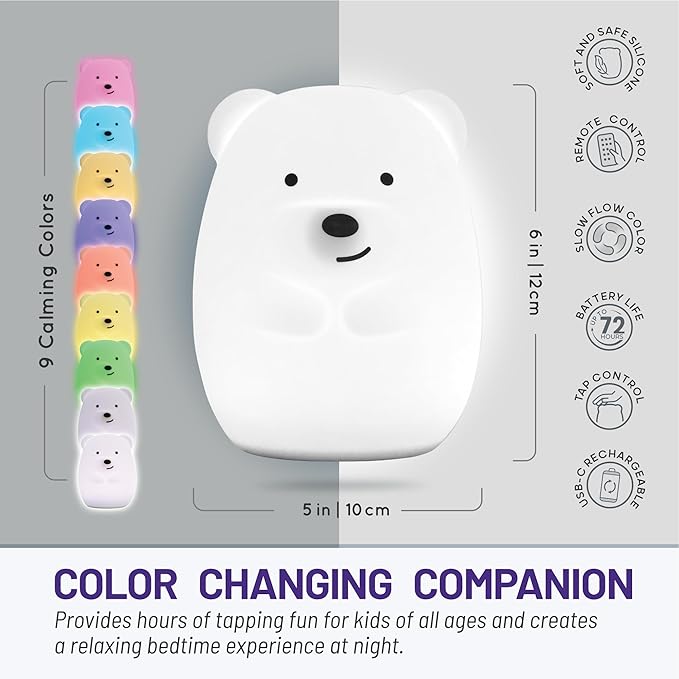 Lumipets Benny The Bear Squishy Silicone Night Light for Kids | Cute Night Light with Remote & Touch Control for Girls & Boys | 9 Color Changing Soft Portable Animal Lamp Comes with USB Cord