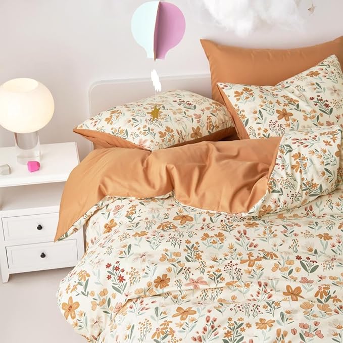 Wake In Cloud - Floral Bedding Set for Girls, Cute Colorful Botanical Flowers Patterned Soft Lightweight Comforter Set with Sheets, 5 Pieces Kids Bed in a Bag, Orange Cream, Twin Size