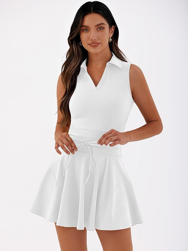 Caracilia Women's 2 Piece Tennis Dress Set-Polo Neck Sleeveless Mini Dresses with Shorts,Golf Casual Workout Athletic Sports