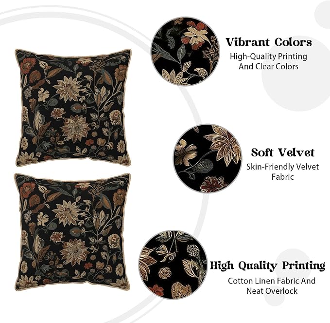 KSLIDS Vintage Floral Brown Black Soft Velvet Throw Pillow Covers Set of 2 Retro Boho Flower Leaves Decorative Pillow Covers 18x18 Inch Bohemian Pillow Case for Sofa Couch Farmhouse Home Decor