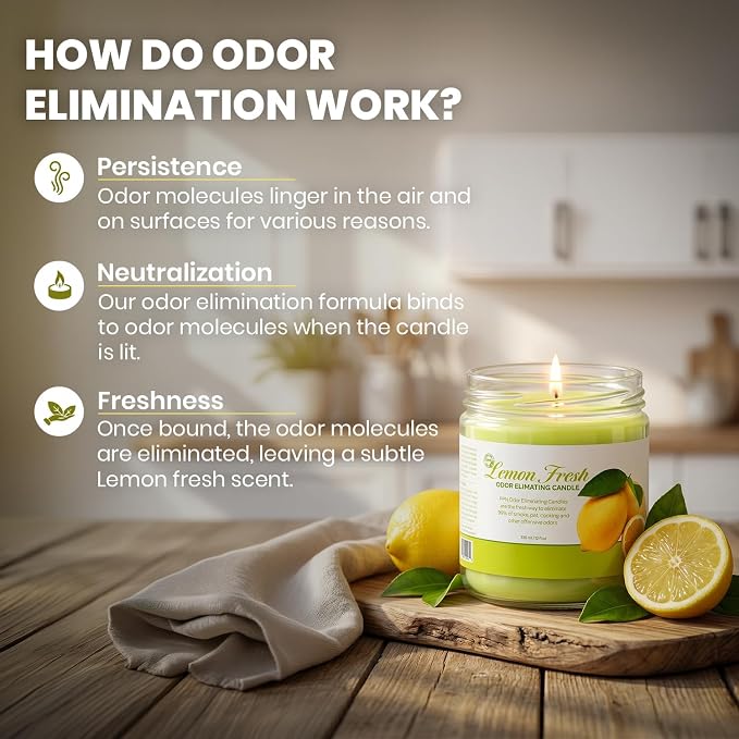 Candle Set Odor Eliminating – 2 Pack - 12oz – Long-Lasting Soy Wax Candles – Neutralizes Pet, Kitchen & Smoke Odors – Clean Burn, Eco-Friendly, Aromatherapy Candle (Lemon Fresh)