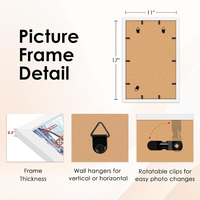 11x17 Picture Frame White Set of 2, Photo Frame with HD Plexiglass, Display Pictures 9x15 with Mat or 11x17 Without Mat, White Picture Frames Collage Wall Decor, Gallary Wall Frame