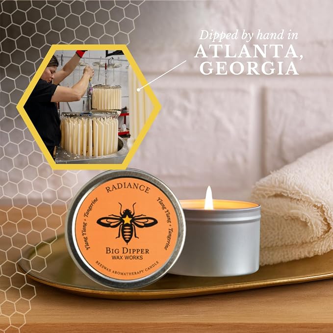 Big Dipper Wax Works Beeswax Aromatherapy Candle Tin – Radiance, Tangerine & Ylang Ylang Essential Oils, 1.7 oz Travel Tin, 1.5" x 1", 12 Hour Clean Burn, 100% Pure Beeswax with Cotton Wick