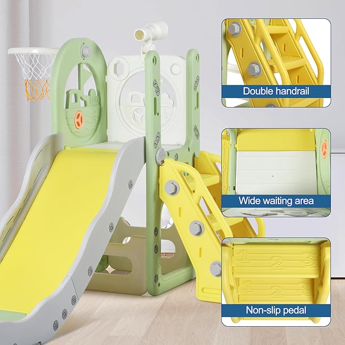 6 in 1 Toddler Playset Toddler Slide and Climber Playset, L-Shaped Kids Slide with Basketball Hoop, Telescope & Storage, Sturdy Indoor Outdoor Playground, for Boys Girls 1-3+