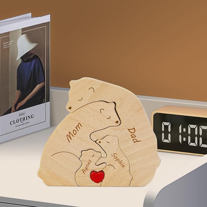 Personalized Wooden Bear Puzzle - Customizable with 2-8 Names, Home Decor Housewarming Gift Unique Wooden Animal Decoration