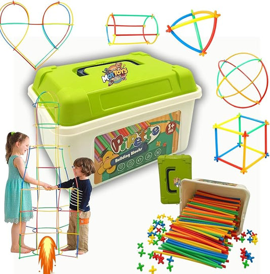 500 Pcs Fort Building Kit - 250 Sticks, 250 Connectors Straw Constructor STEM Building Toys - Creative Indoor Buildable Kit for Kid - Outdoor Toys for Kid Ages 4-8 - DIY Interlocking Toys