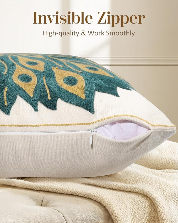 Animal Embroidered Throw Pillow Cover 18x18 Inch, Peacock | Decorative Pillow Cover, Boho Cushion Cases with Hidden Zipper, Country Decor for Couch, Sofa, Living Room, Bedroom