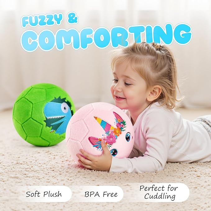 Toddler Soccer Ball with Plush Cover, BPA Free - Size 3 Soccer Ball Soft Touch with Pump for Babies, Toddlers & Kids Ages 1-3 3-5 5-8 - Indoor Outdoor Toys Gift for Boys Girls' Birthday (2 Pack)