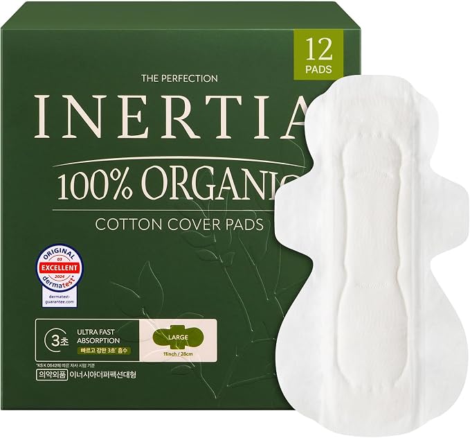 INERTIA The Perfection Green – 100% Organic Cotton Korean Pads with Wings | Heavy Absorbency | Ultra Fast Absorption & Breathable Bio-Film, Leak-Proof & Hypoallergenic Period Pads for Women (12 Count)