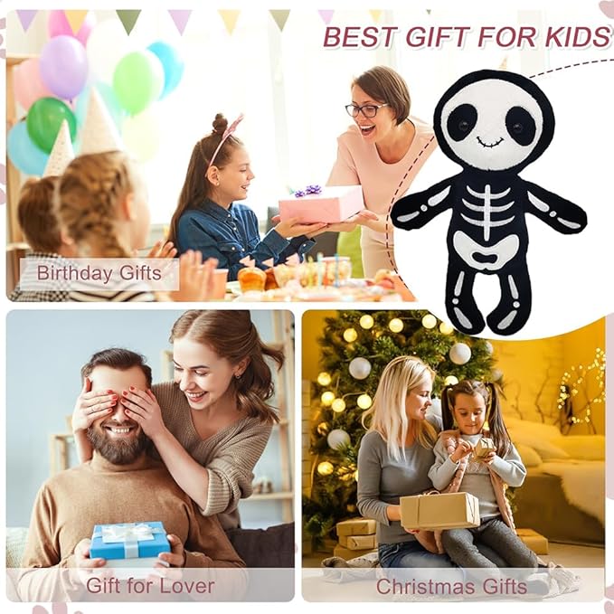 Cute Skeleton Figure Plush Toy 12 inch Skull Plushies Stuffed Animal Christmas Halloween Plush Decor Birthday Gifts for Kids, Black