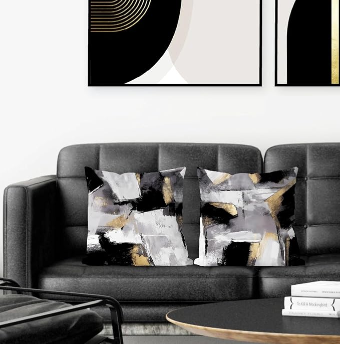 Abstract Black & White & Gold Pillow Covers - 24x24 Set of 2, Modern for Couch & Bed Living Room