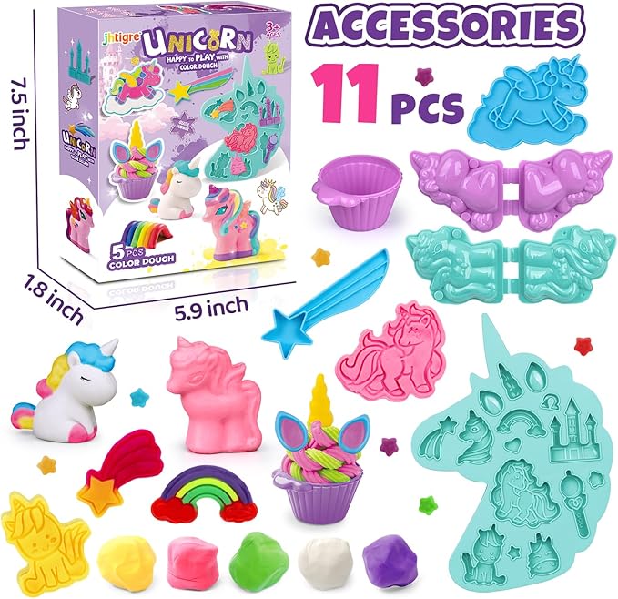 Color Dough Sets for Kids Ages 2-4, Unicorn Theme Dough Tools Kit for Kids Ages 4-8, 11 Piece Color Dough Accessories Arts Crafts Play Set, Preschool Education Toys for Toddlers Girls Age 3 4 5 6 7 8