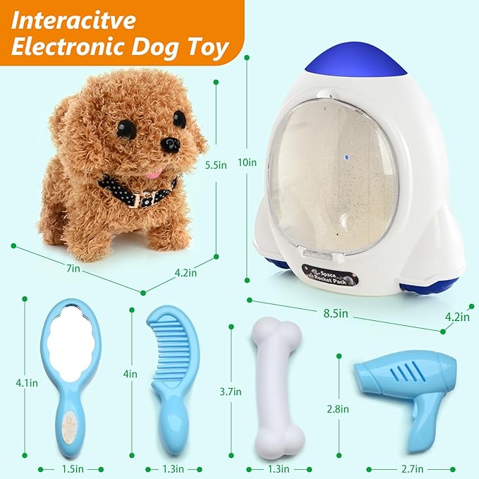 Electronic Interactive Plush Puppy - Battery Operated Mechanical Walking Little Pet Dog with a Cute Bag, Barking, Tail Wagging, Stretching Companion Animal for Toddlers & Kids (Brown)