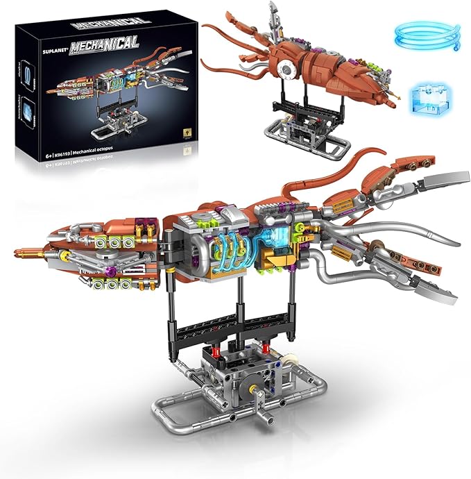 Mechanical Squid Building Set with Lights, Rotatable Link Components & Display Stand, STEM Building Set for Boys and Girls 8-14, Home Office Decor for Adults, Mechanical Enthusiasts（633PCS）