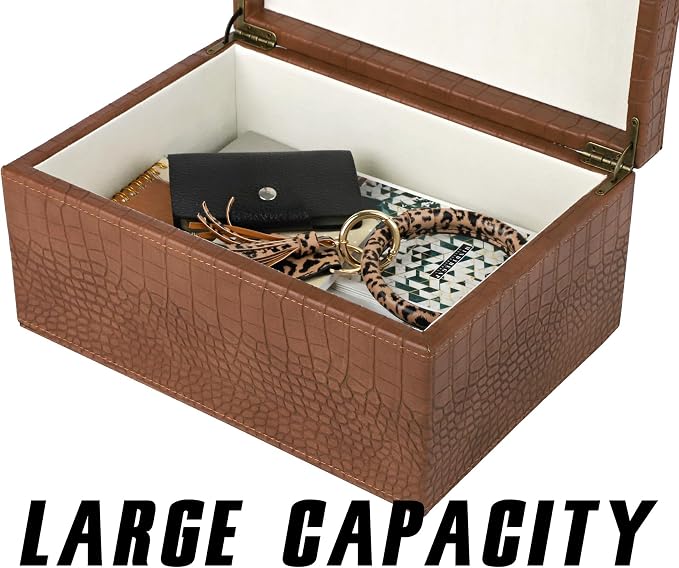 HofferRuffer Faux Leather Decorative Box, Large Wooden Structure Keepsake Box Accessory Organizer Jewelry Organizer with Hinged Lid, Storage Container for Home or Office (CrocoBrown)