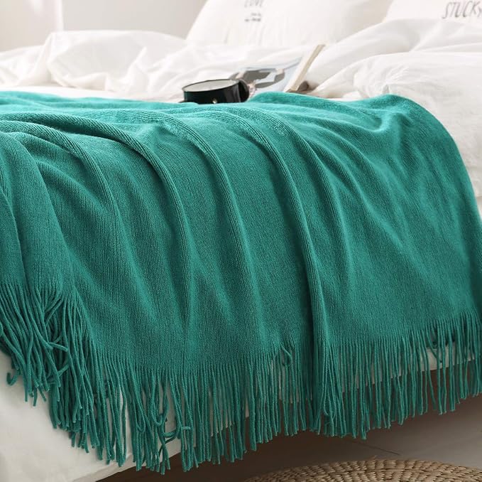 Homiest Teal Knitted Throw Blanket with Fringe, 50x60 Inch | Pure Acrylic, Lightweight & Breathable, All-Season Use, Machine Washable, Wrinkle & Fade Resistant, for Couch Sofa And Bed