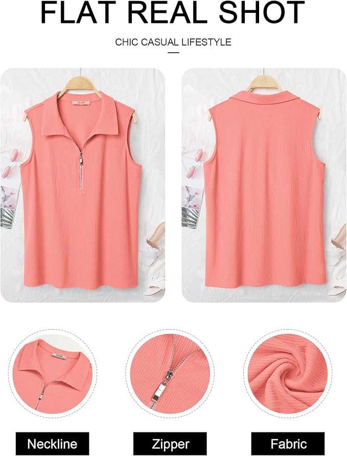 Vivilli Womens Ribbed Tank Top Zipper V Neck Dressy Casual Blouses Sleeveless Camisole Tops Work Tank Polo Shirts