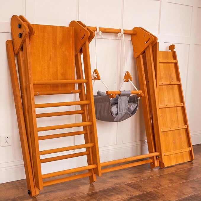 Avenlur 4-in-1 Juniper Outdoor Play Gym - Jungle Gym Playset with Baby Swing, Slide, Ladder, and Climbing Wall - Foldable Wooden Playset - Outdoor Jungle Gym for Kids Ages 18mo to 6yrs