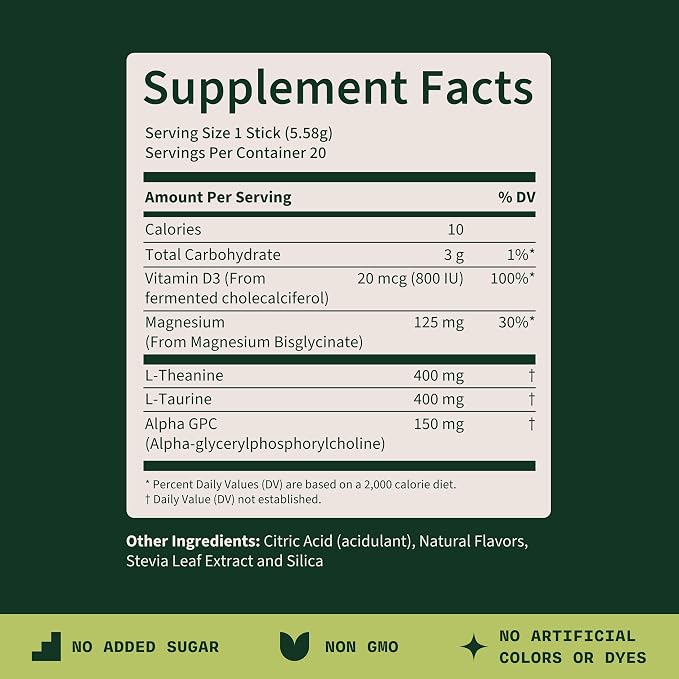 Zen Vibes Magnesium L-Theanine Drink Mix – Orange Calm & Focus Nootropic with Alpha GPC, L-Taurine & Vitamin D3 – Sugar-Free Relaxation Stick Packs, Non-GMO, 20 Servings
