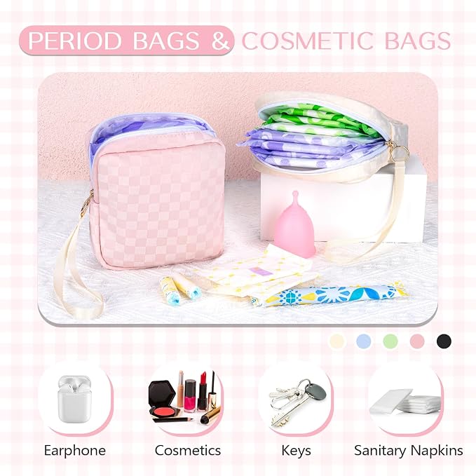 Likesing Tampon Holder for Purse, Upgraded 5.3" Checkered Period Bag, Sanitary Napkin Storage Bag with Wrist Strap for Girls Women, Thickened Portable Period Pad Pouch(Black)