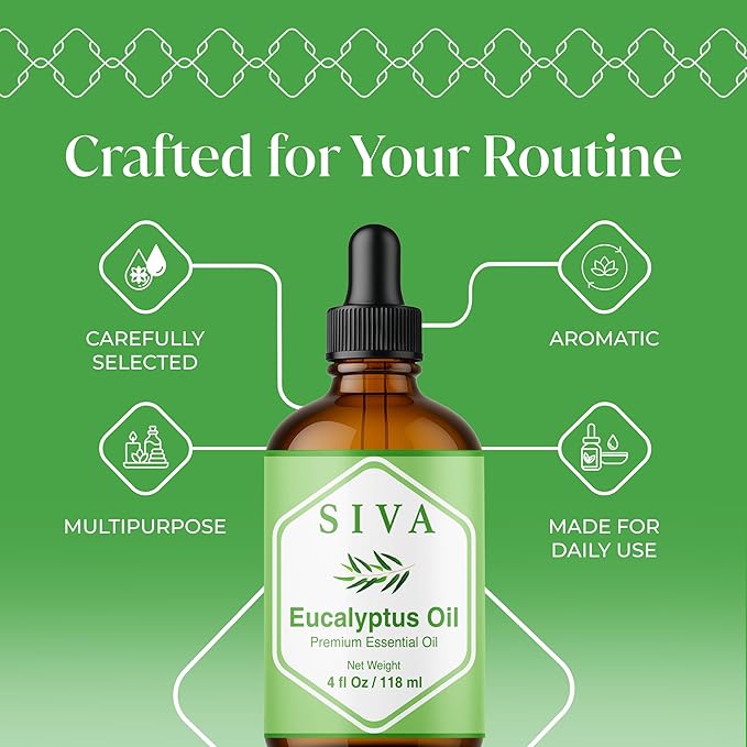Siva Eucalyptus Essential Oil 4 Fl Oz – for Diffuser, Skin & Hair Care – Ideal for Aroma, Massage & DIY Blends- with Dropper