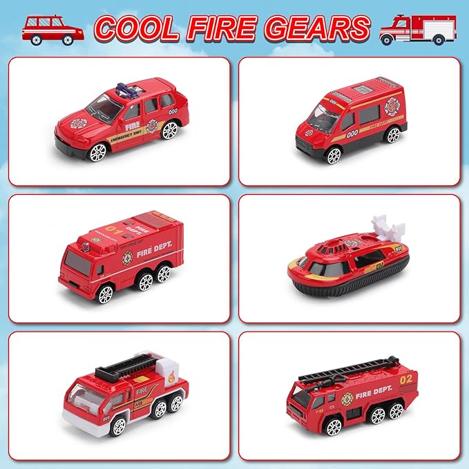 deAO Fire Station Toy Truck Car Race Tracks Vehicle Set Firefighting Playset Fire Station Pretend Play Toy with City Map Helicopter, Preschool Learning Educational Toys Birthday Gifts for Boys Girls