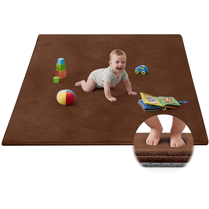 Baby Play Mat for Floor,Ultra Thick Elastic Foam 50"x50" Playmat Tummy Time Muscle Crawling Exercise Activity Cushion Gym Mat Nursery Playroom Area Kids Rug for Babies, Toddlers,Infants,Reddish Brown
