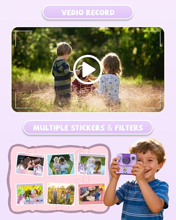Kids Camera Instant Print, Digital Camera for Kids, 180° Rotating Selfie Lens with 32GB SD Card & 2 Rolls Printing Paper Kids Toy Birthday Gifts for Boys Girls Ages 3-12, Purple