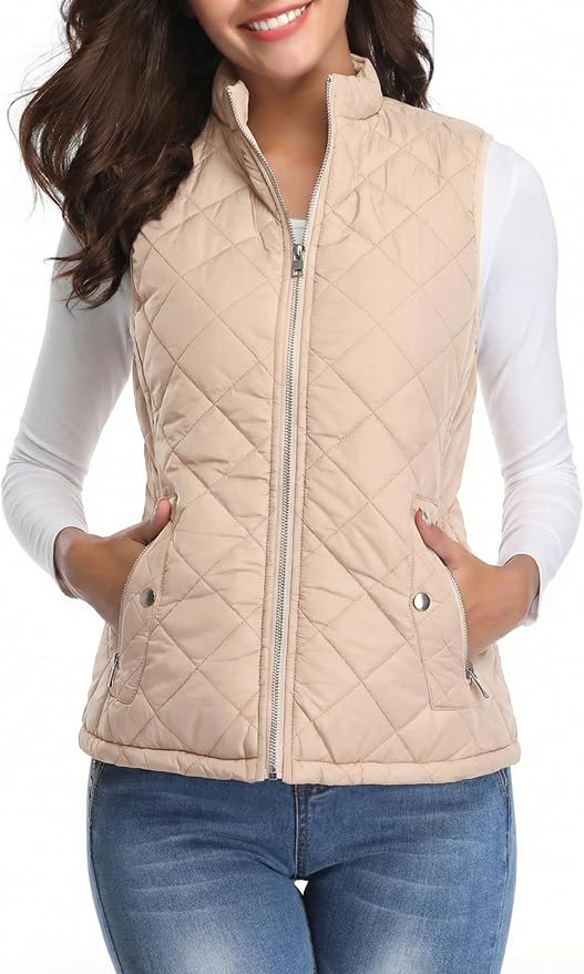 Fuinloth Women's Quilted Vest Lightweight Puffer Stand Collar Zip Gilet | 4 pockets with 2 inner storage. Quilted padded warm gilet. Fall winter outerwear layering vest for travel hiking daily wear.
