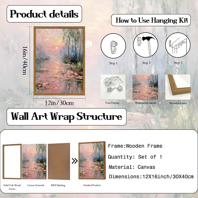 Framed Vintage Monet Canvas Wall Art, Pink Water Lilies Floral Pictures Wall Decor, Impressionist Sunset Landscape Paintings Prints Nature Aesthetic Artwork for Living Room Bedroom 12x16 inch