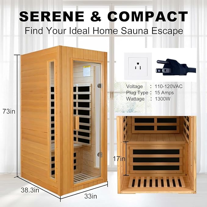 Kanlanth 1 Person Sauna, Low EMF Infrared Saunas for Home, 1,300Watt, Side Glass Window Indoor Sauna with Rapid Heating 5 Carbon Panels, LED Reading Lamp, Bluetooth, Control