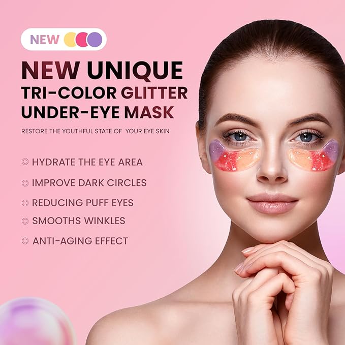 AILEORY Under Eye Patches (48 Pairs) - Tri-color Glitter Eye Gel Pads for Dark Circles, Puffy Eyes, Under eye Bags, Wrinkles | Natural Collagen Under Eye Mask Patches, Mothers Day Gifts for Mom