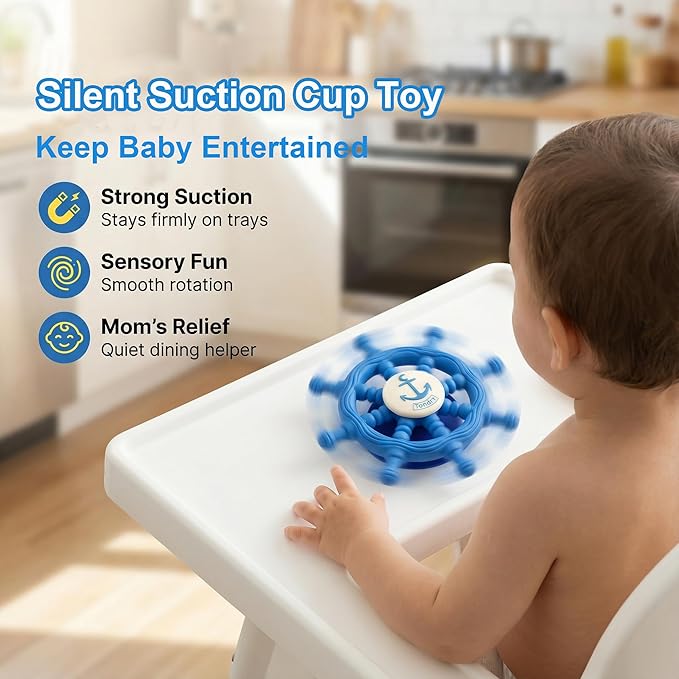 Baby Suction Spinner Toys for Bathtub, Silicone Toddler Bath & High Chair Toys for 1 Year Old Boy/Girl Birthday Gift, Interactive Ship Steering Wheel InfantToy for Car Window Travel
