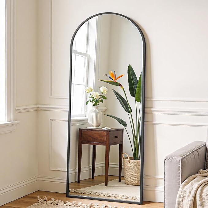 OLIXIS Arched Full Length Mirror with Stand, Full Body Mirror, 60"x16" | Aluminum Alloy Thin Frame, Floor Hanging or Leaning Wall, Bedroom Living Room, Black