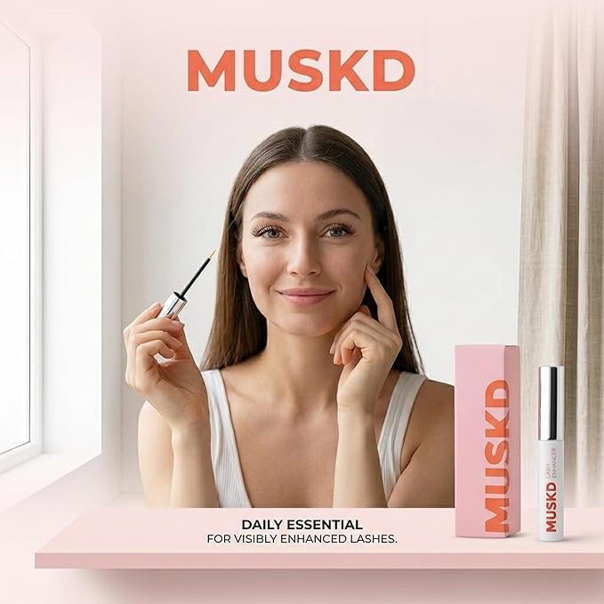 MUSKD Eyelash Growth Serum - Lash Enhancer for Longer, Thicker, Fuller Lashes & Brows - Natural, Vegan & Cruelty-Free Eyelash Serum for Lash & Brow Growth, Gentle Formula (3 ML)