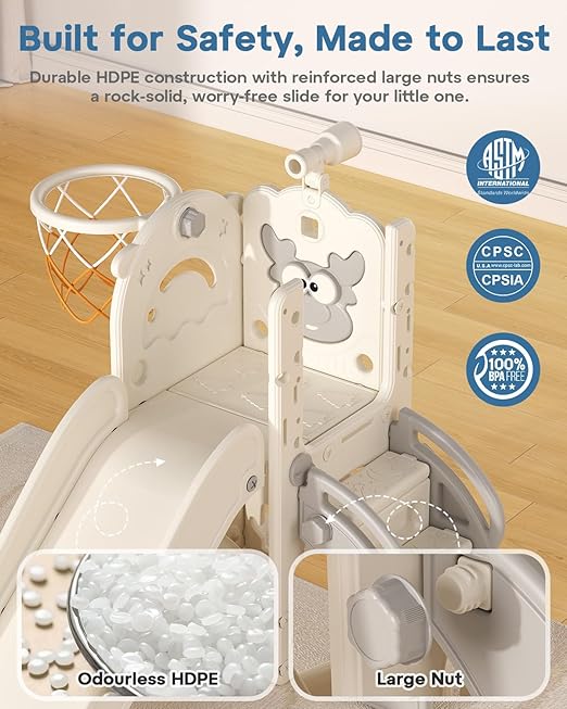 BIERUM Toddler Slide for Kids,6-in-1 Indoor Outdoor Toddler Slides Playground with Basketball Hoop, Golf Game & Telescope, L-Shaped Baby Slide Climber Playset, Cream&Gray